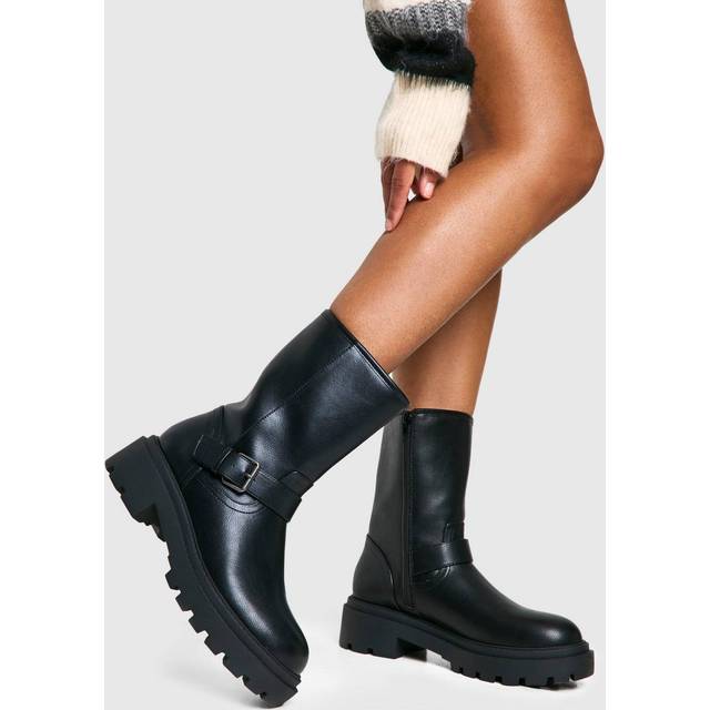 Womens Biker Buckle Detail Chunky Ankle Boot - Black - 8, Black