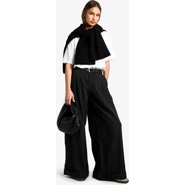 Womens Tailored Pinstripe Turn Up Wide Leg Trouser - Black - 8