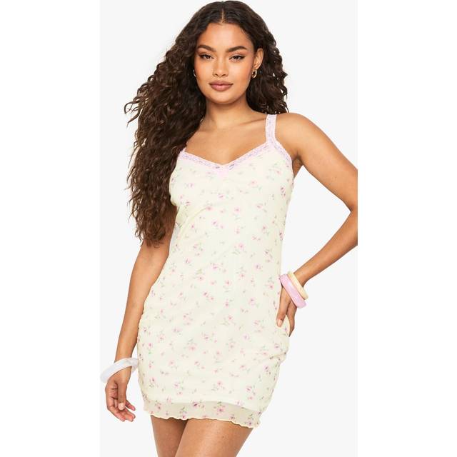 Womens Ditsy Floral Contrast Lace Trim Mesh Slip Dress - Yellow - 12, Yellow