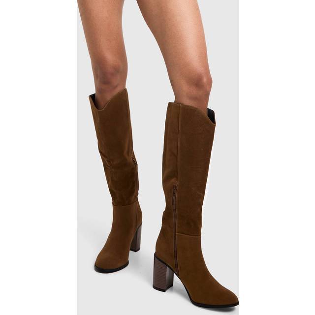 Womens Faux Suede Wooden Stack Heel Detail Knee High Boot - Beige - 7, Beige