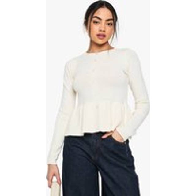 Womens Cinched Waist Peplum Knitted Cardigan - White - M