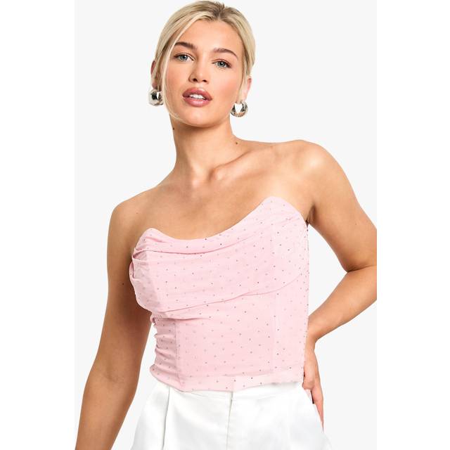 Womens Hot Fix Diamante Mesh Corset Top - Pink - 10, Pink