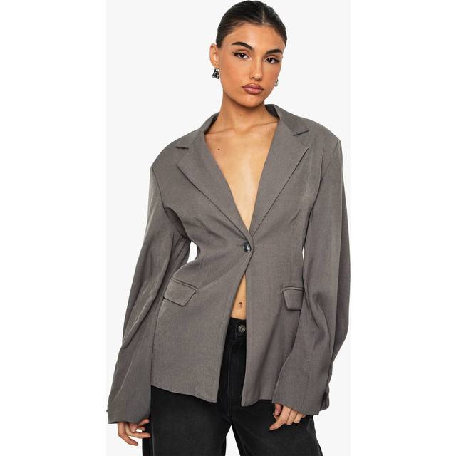 Womens Single Breasted Button Detail Volume Sleeve Oversized Blazer - Grey - 14