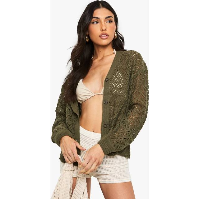 Womens Crochet Slouchy Knitted Cardigan - Green - M