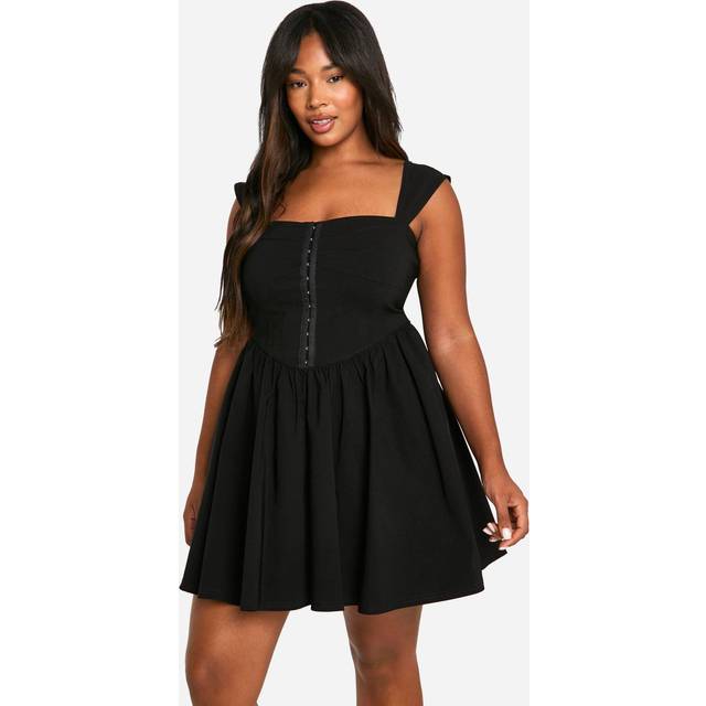 Womens Plus Woven Stretch Corset Detail Short Sleeve Floaty Mini Dress - Black - 20