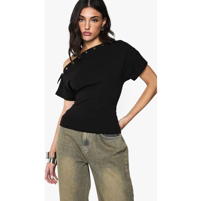 Womens Eyelet Detail Off The Shoulder Top - Black - 14, Black
