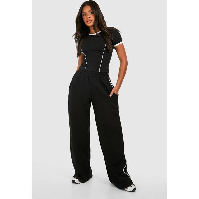 Womens Piping Detail T-Shirt And Straight Leg Jogger Set - Black - L, Black