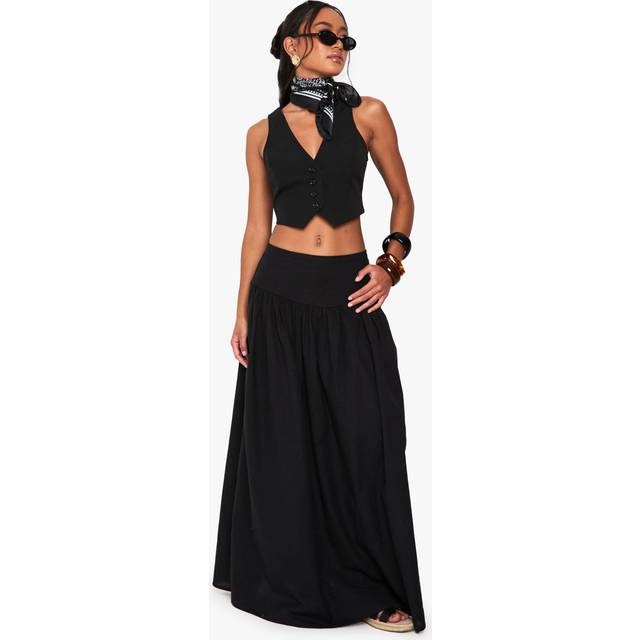 Womens Panel Detail Full Linen Look Maxi Skirt - Black - 16, Black