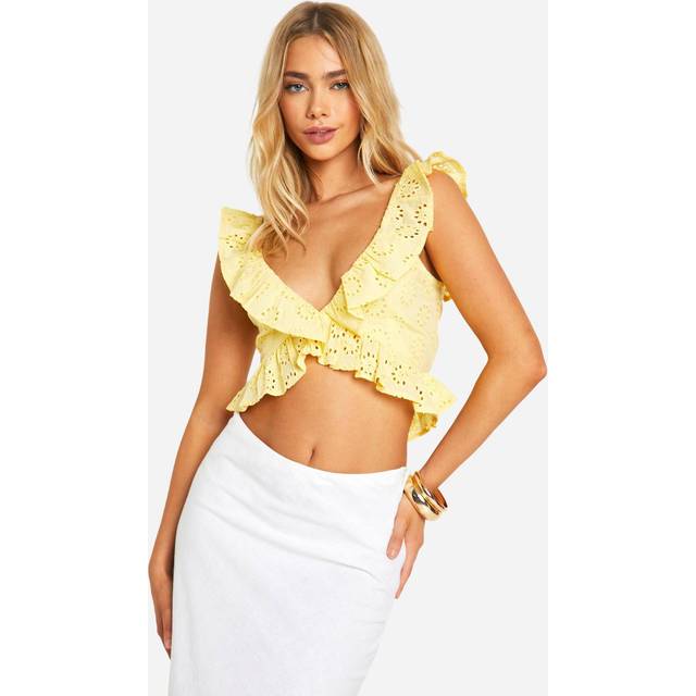 Womens Broderie Ruffle Plunge Crop Top - Yellow - 10
