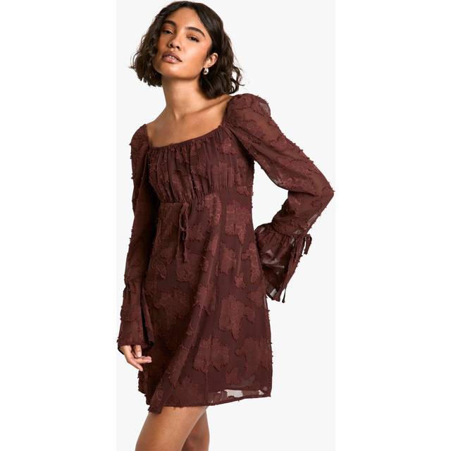 Womens Tall Burnout Floral Flare Sleeve Shift Dress - Brown - 12