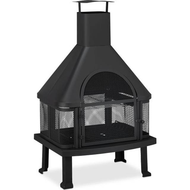 Patio Log Burner With Grill, Outdoor Fireplace With Spark Guard, Fire Poker, Solid, Steel, 110x63x51 cm, Black - Relaxdays