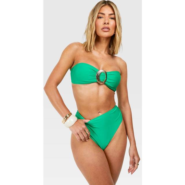 Womens Gold Trim Detail Bandeau Bikini Top & High Waist Bikini Bottoms Set - Green - 10