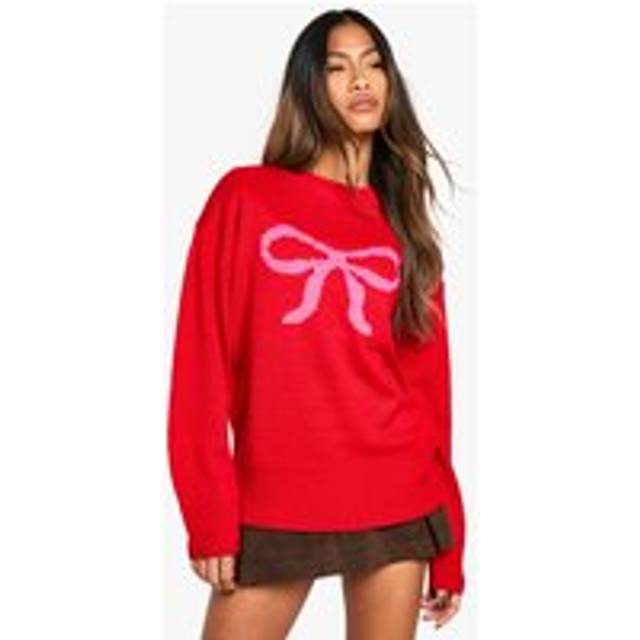 Womens Oversized Christmas Bow Jumper - Red - S, Red