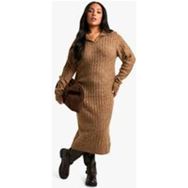 Womens Plus Soft Knit Thick Rib Collar Detail Maxi Dress - Beige - 16, Beige