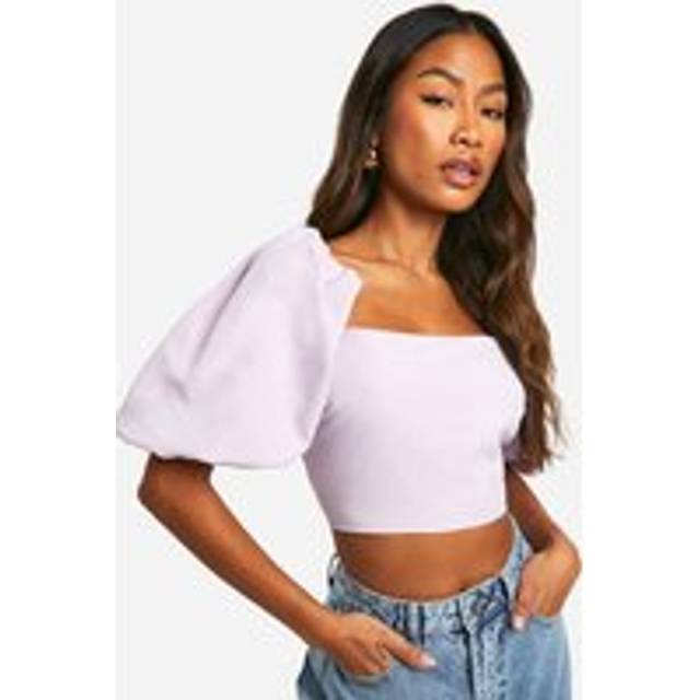 Womens Puff Sleeve Square Neck Tie Back Crop Top - Purple - 6
