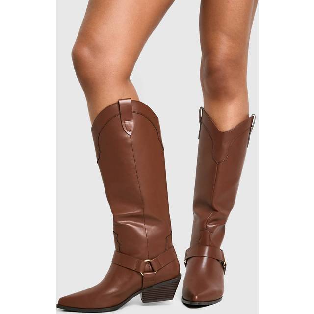 Womens Wide Fit Western Style Harness Detail Knee High Boots - Brown - 5, Brown