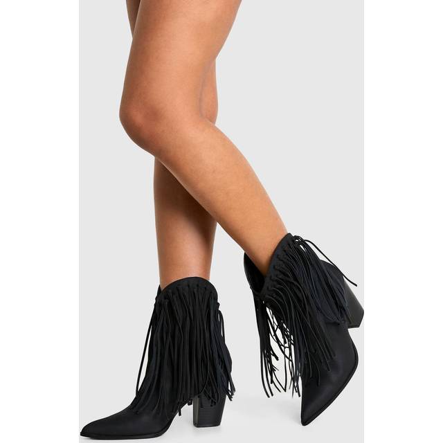 Womens Nubuck Tassel Detail Heeled Western Ankle Boot - Black - 5, Black
