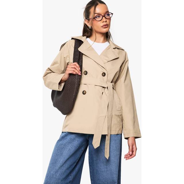 Womens Short Belted Trench Coat - Beige - 10