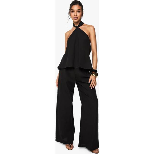 Womens Linen Look Halterneck Swing Top And Wide Leg Trousers Co-Ord - Black - 16