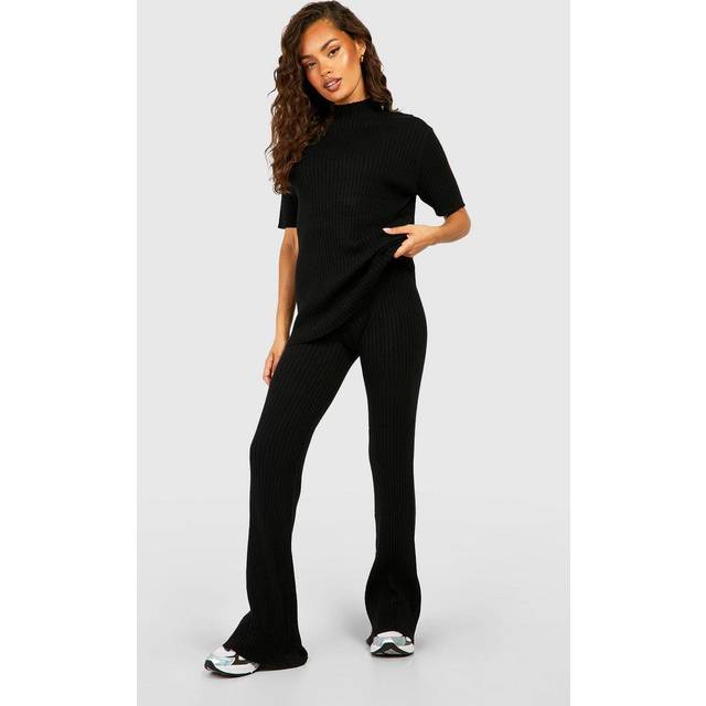 Womens Rib Knitted Tunic And Wide Leg Trouser Set - Black - 16
