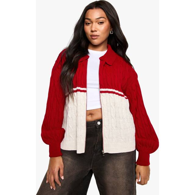 Womens Plus Chunky Knit Cable Zip Through Collared Jumper - 24-26 - Red