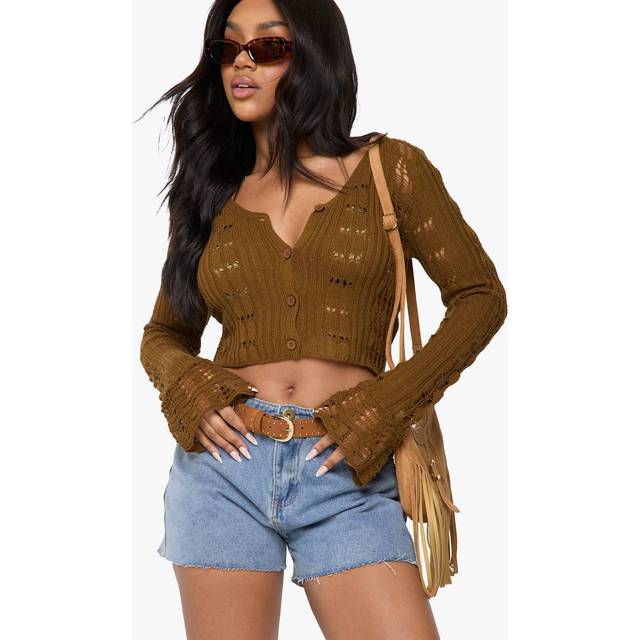 Womens Crochet Frill Sleeve Cardigan - Brown - L, Brown