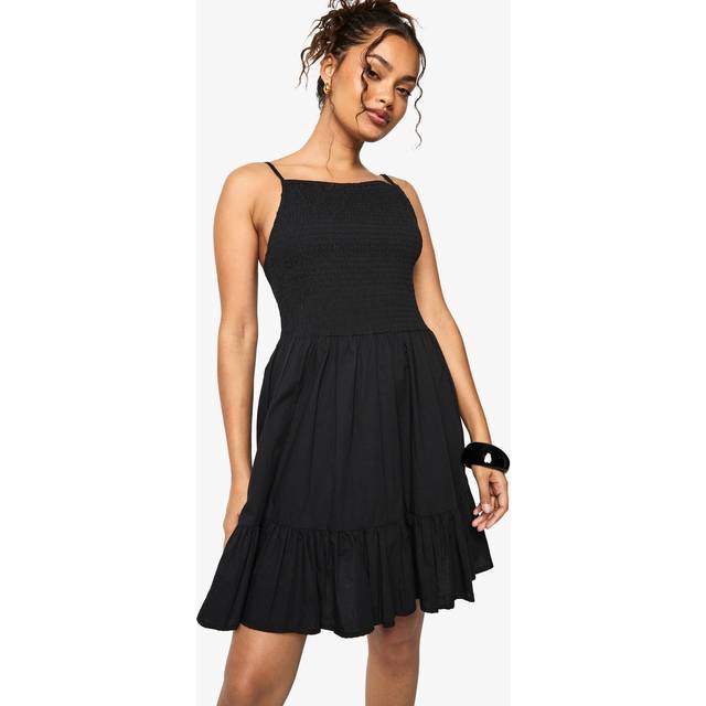 Womens Shirred Textured Tiered Smock Mini Dress - Black - XS