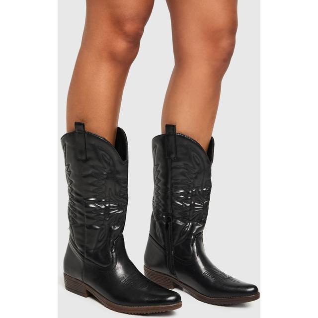 Womens Contrast Sole Calf High Western Boots - Black - 6