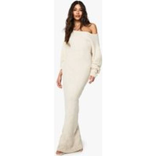 Womens Off The Shoulder Borg Knitted Maxi Dress - White - S