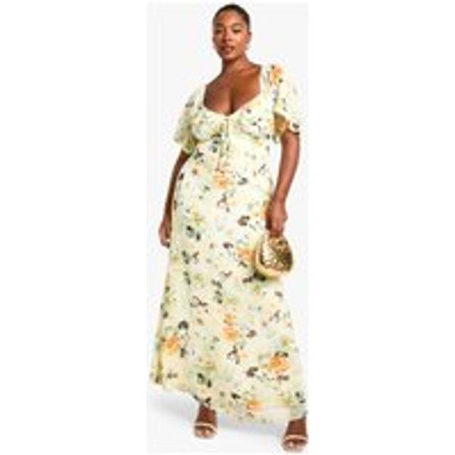 Womens PLUS RUFFLE DETAIL SHORT SLEEVE PRINTED MAXI DRESS - Yellow - 26