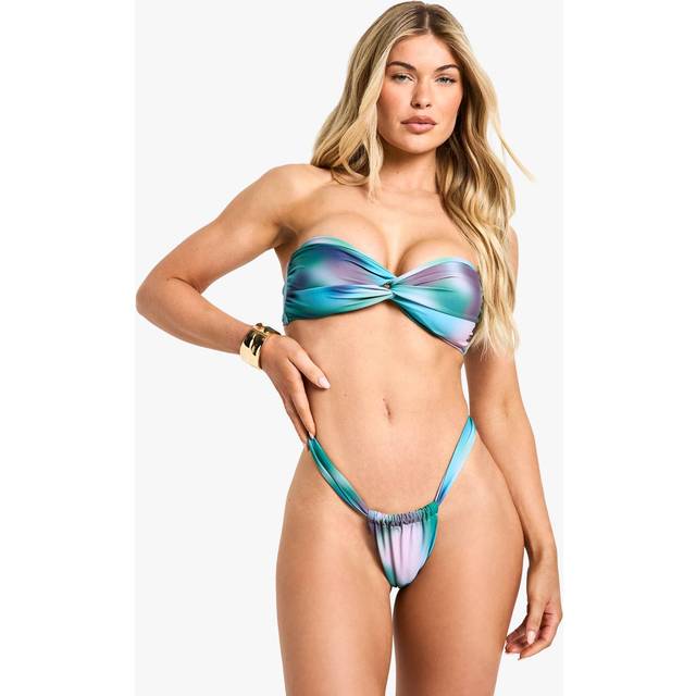 Womens Tie Dye Print Knot Front Bandeau Bikini Top & Tanga Bikini Bottoms Set - Multi - 14