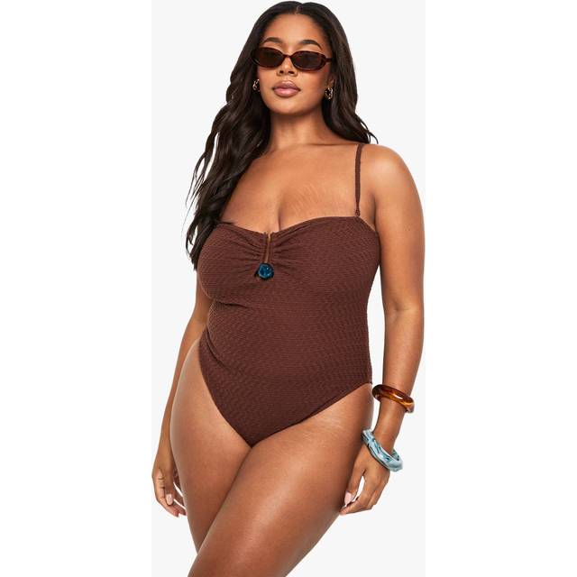 Womens Plus Crinkle Gem Trim Bandeau Swimsuit - Brown - 24, Brown