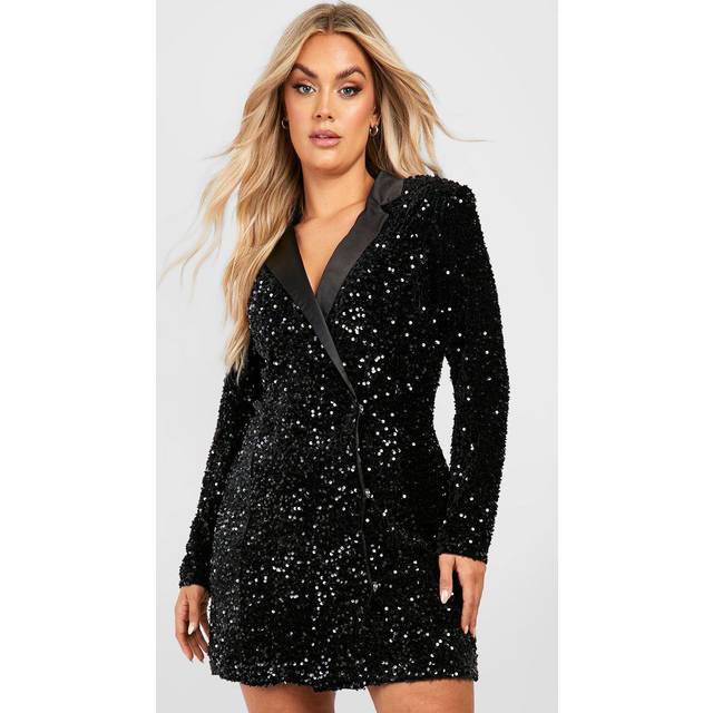 Womens Plus Velvet Sequin Wrap Blazer Dress - Black - 22