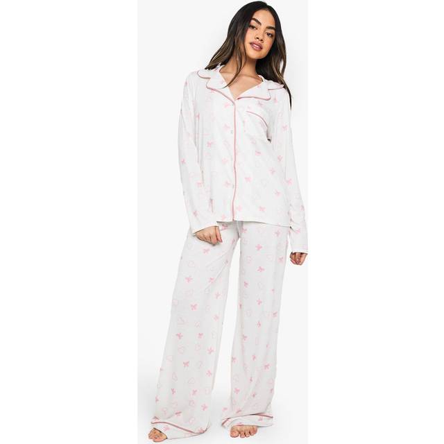 Womens Bow Print Piping Detail Long Sleeve Shirt & Trousers Pyjama Set - White - 16
