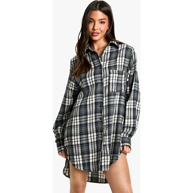 Womens Shoulder Pad Oversized Check Shirt Dress - Grey - 14, Grey