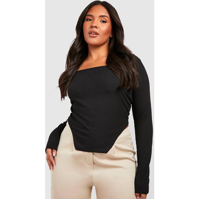 Womens Plus Rib Long Sleeve Corset Top - Black - 26, Black