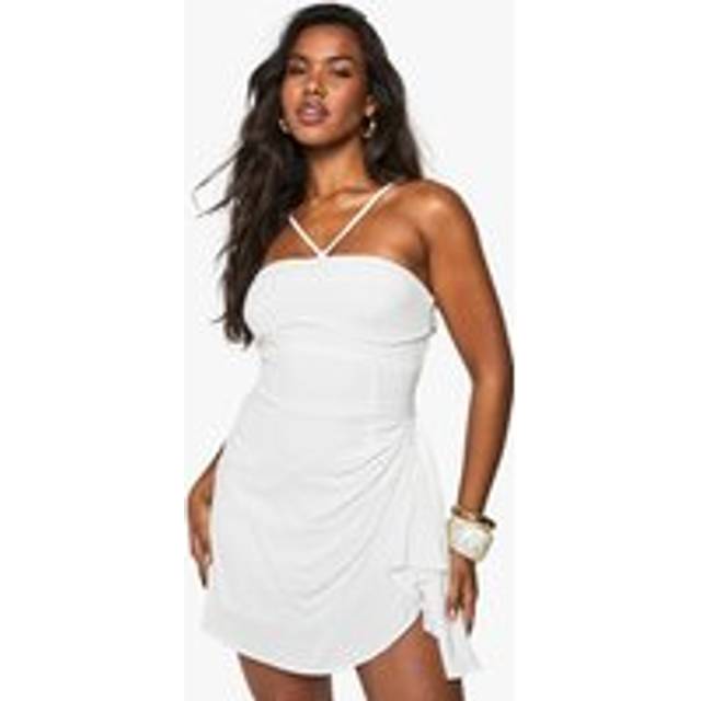 Womens Linen Look Drape Wrap Mini Dress - White - 8