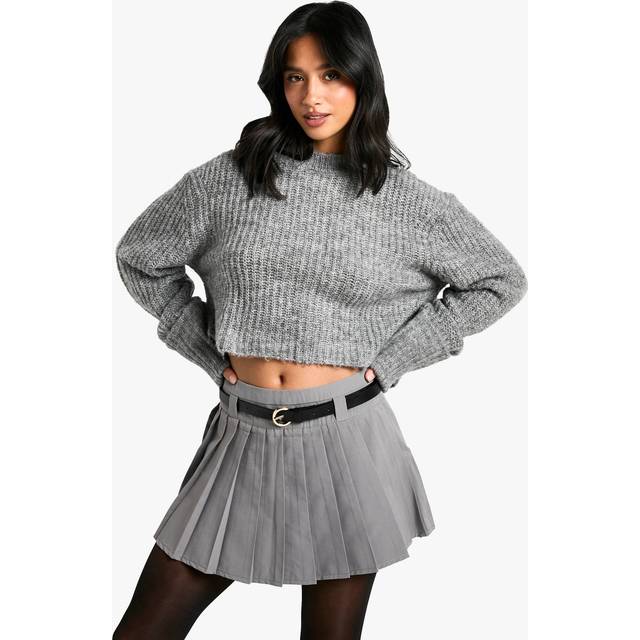 Womens Petite Belt Detail Pleated Woven Mini Skirt - Grey - 16, Grey