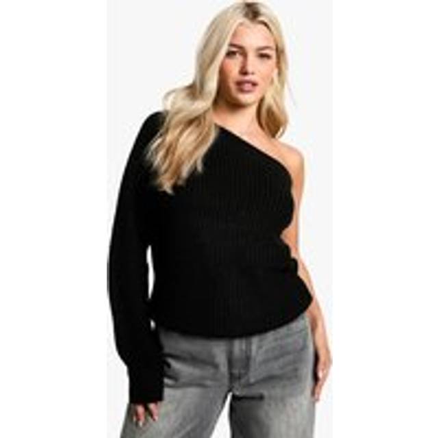 Womens Knitted One Shoulder Jumper - Black - S, Black