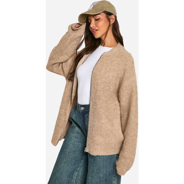 Womens Borg Knitted Oversized Bomber Jacket - Beige - L