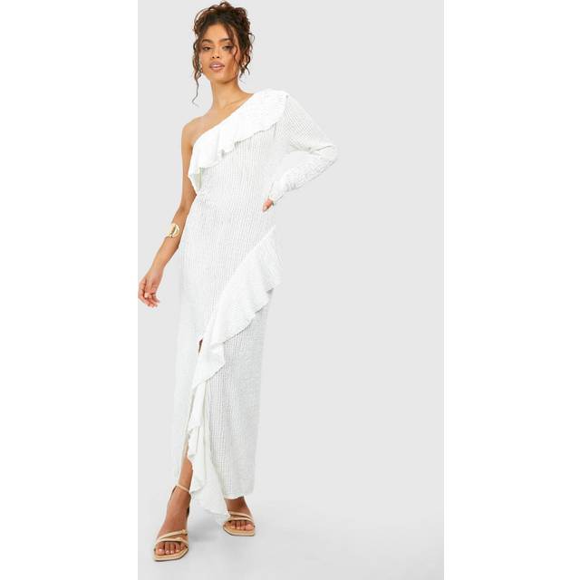 Womens One Shoulder Ruffle Sheer Knitted Midaxi Dress - White - 16, White