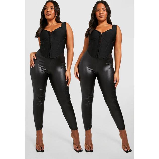 Womens Plus 2 Pack High Waisted Wet Look Leggings - Black - 24