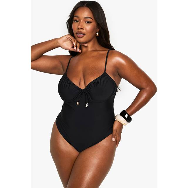 Womens Plus Shell Trim Ruched Cup Underwire Swimsuit - Black - 18, Black