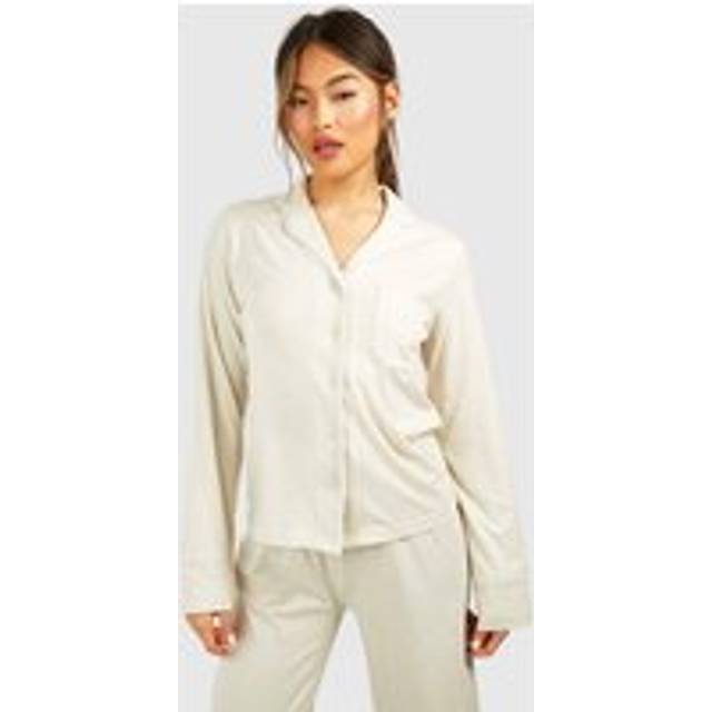Womens Loungewear Piping Detail Long Sleeve Button Front Shirt - Bone - 6