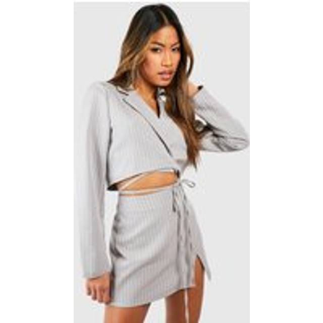 Womens Pinstripe Tie Waist Cropped Blazer - Grey - 8