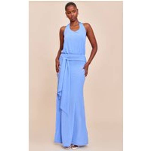 Bright Blue Double Layered Chiffon Halterneck Keyhole Maxi Dress, Bright Blue - 6
