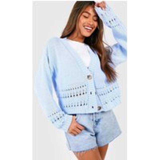 Womens Crochet Hem Crop Cardigan - Blue - L