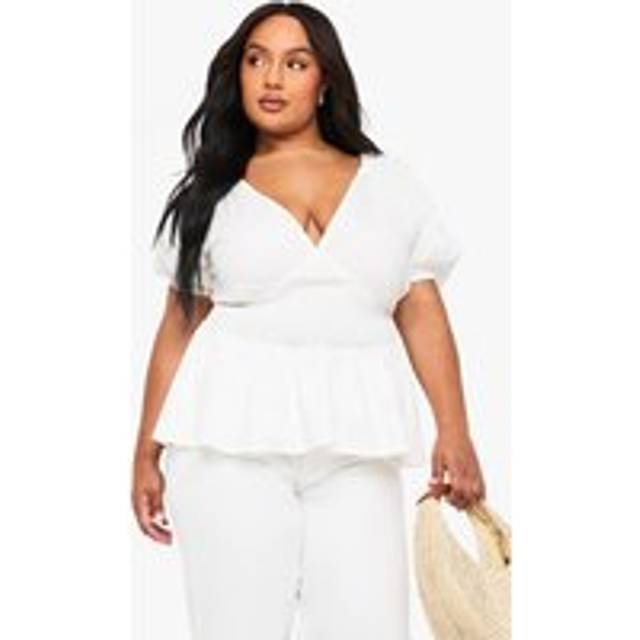 Womens Plus Cotton Puff Sleeve Tie Back Smock Top - White - 16, White