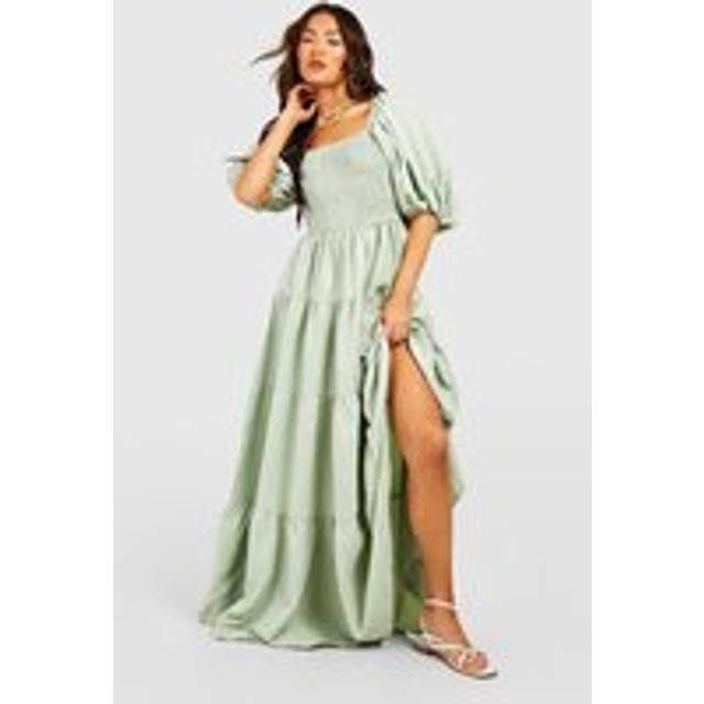 Womens Extreme Puff Sleeve Shirred Maxi Smock Dress - Green - 12, Green