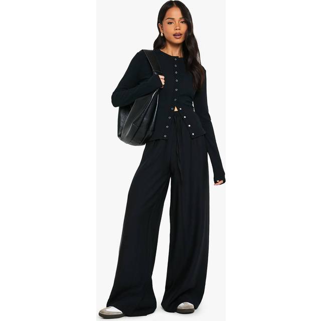 Womens Drawstring Waist Wide Leg Floaty Trouser - Black - 14, Black
